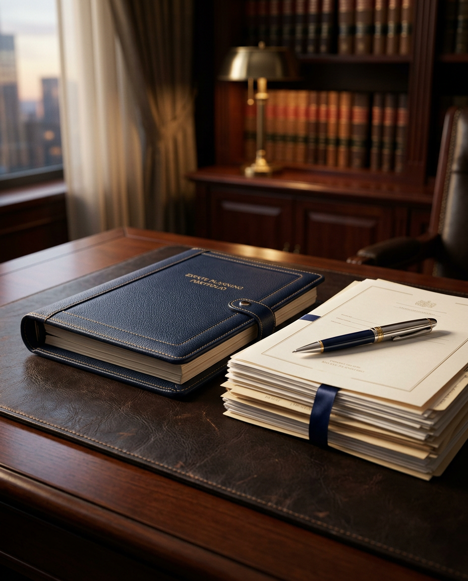 Bound legal documents and a pen on a dark leather desk pad