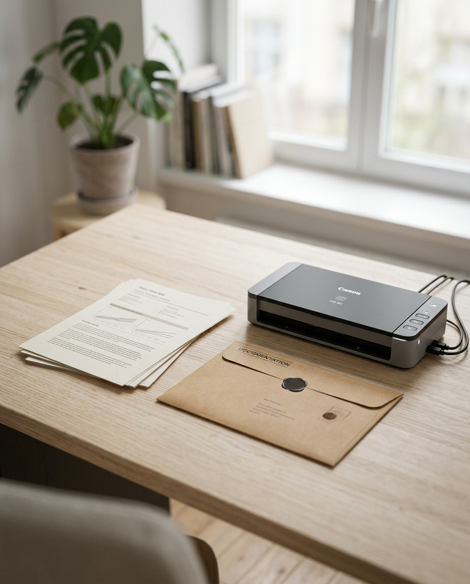 Printed documents and a sealed envelope on a clean workspace