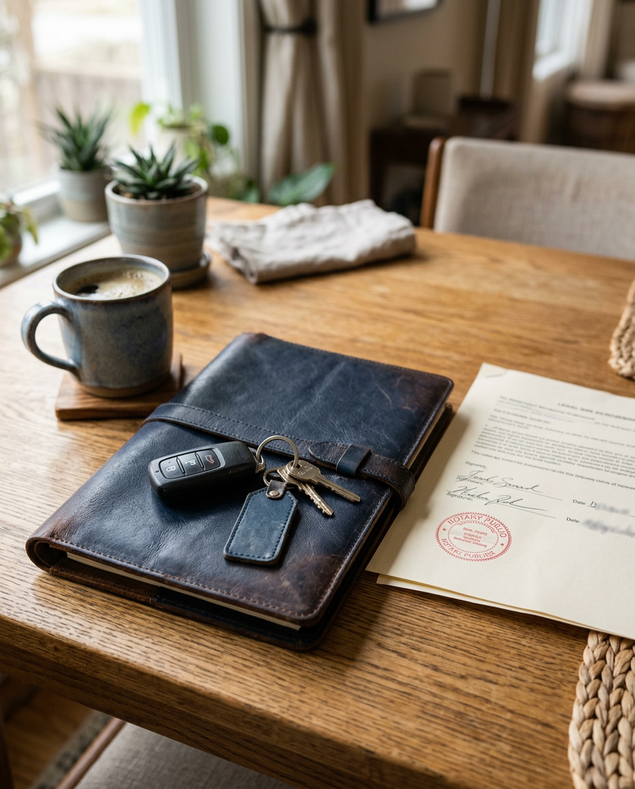 Notary portfolio and keys set on a client's dining table